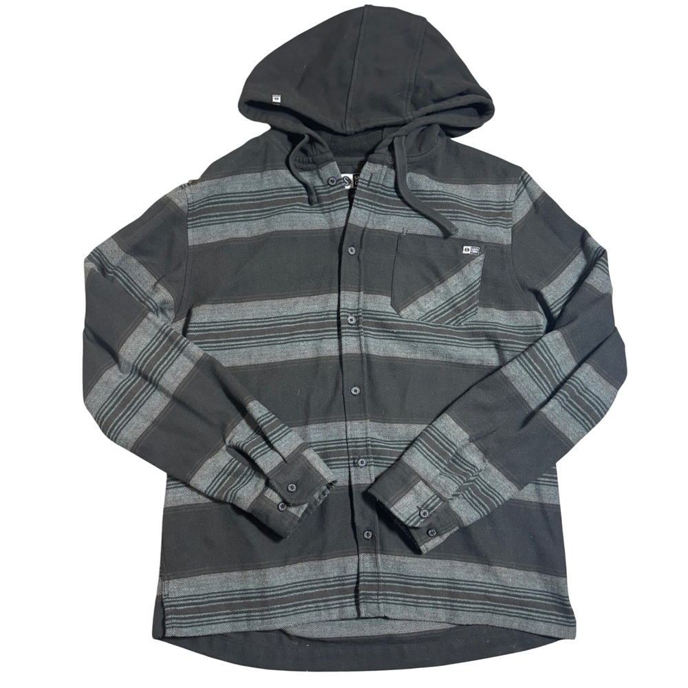 Salty Crew Hooded Flannel Shirt Large Black Grey Striped Button Up Hoody